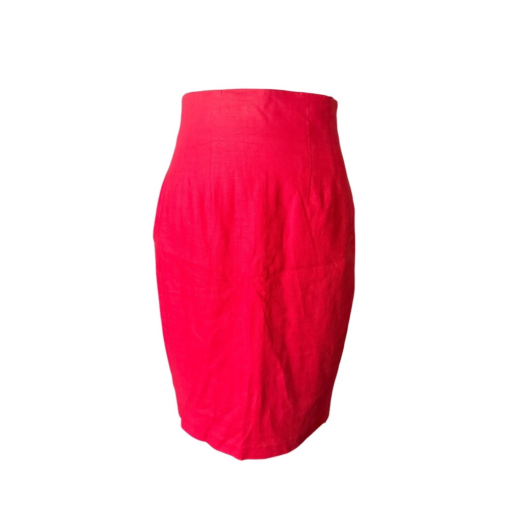 Vintage Ann Tjian for Kenar Red Linen Pencil Skirt Size 10 High Waist 80s 90s